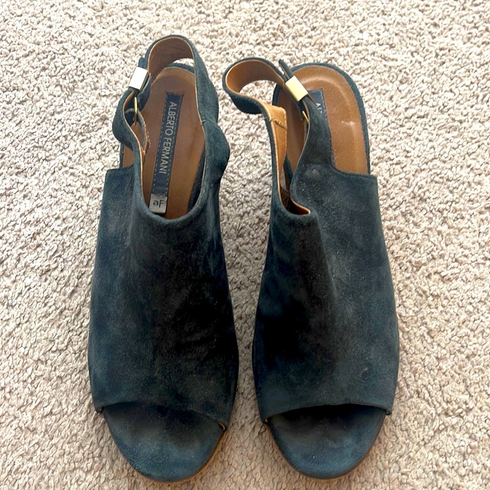 Alberto Fermani open toe block heel ankle booties.